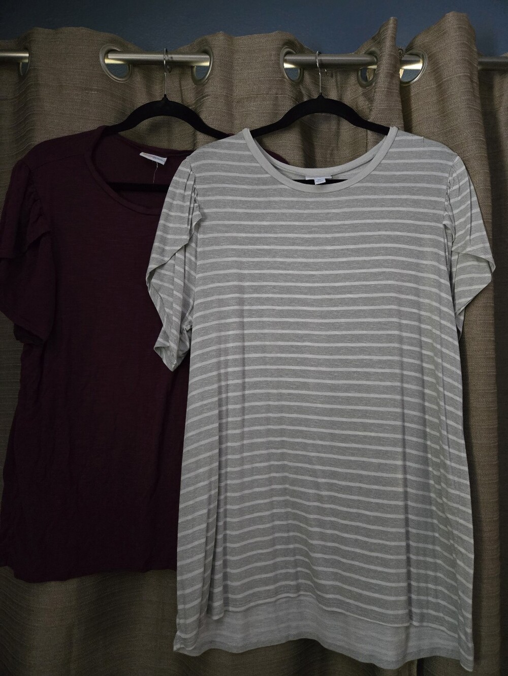 LuLaRoe Gray Striped & Burgundy Short Sleeve Tees